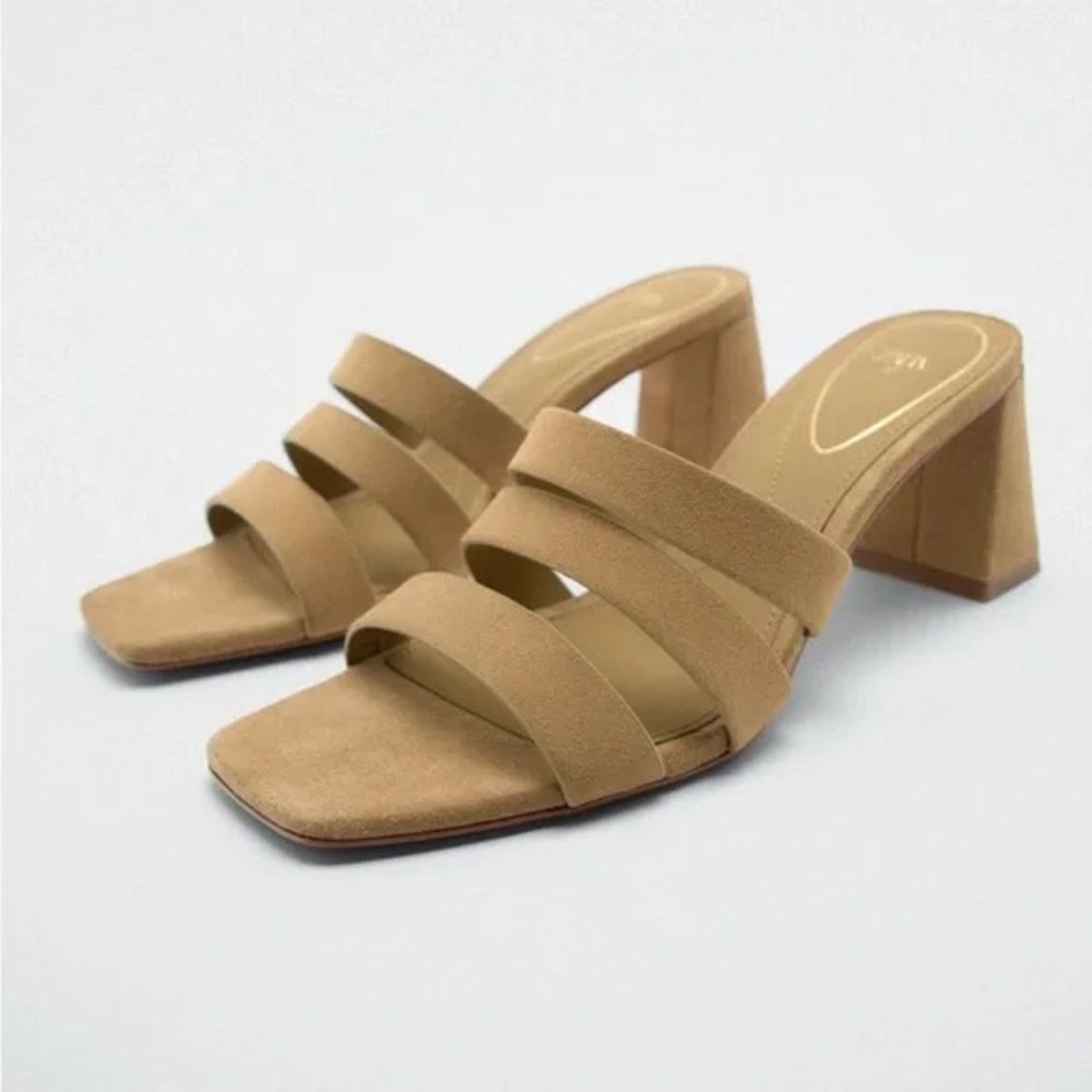 Zara faux suede strappy block heel sandal heels - size 38